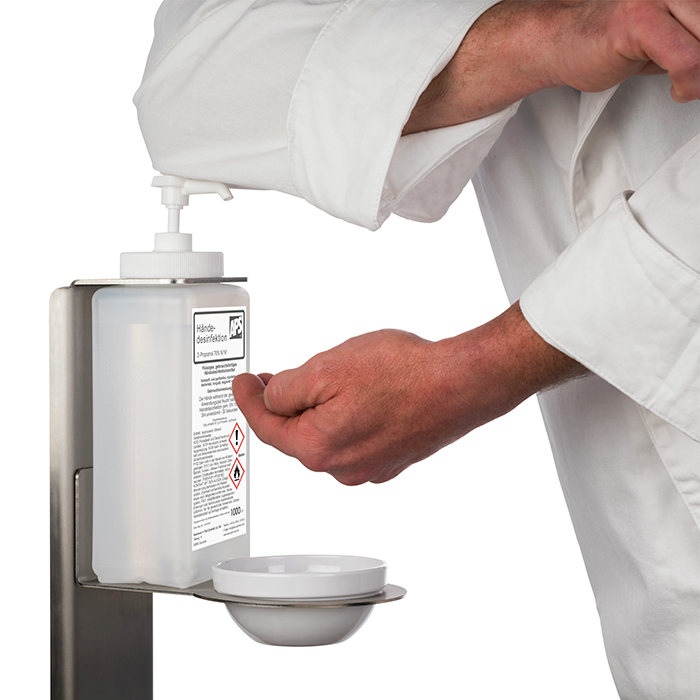 Desinfektionsständer -EASY- 29 x 25 cm, H: 110 cm Edelstahl Set bestehend aus: